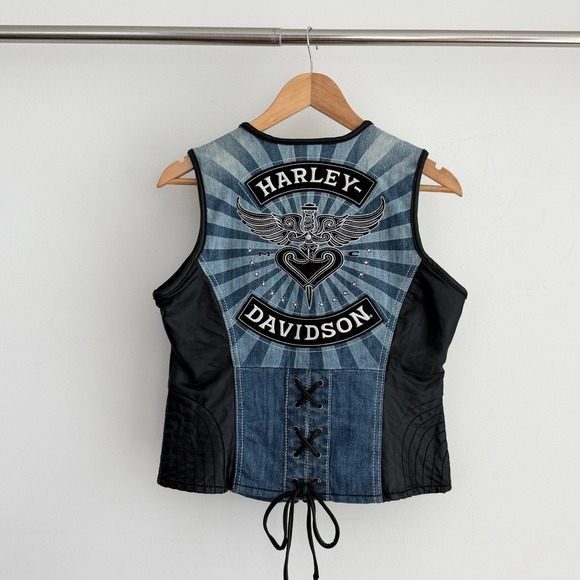 Harley-Davidson Jackets & Blazers - Vintage Harley Vintage Davidson Vest Womens Medium Denim Y2K Corset Lace Up